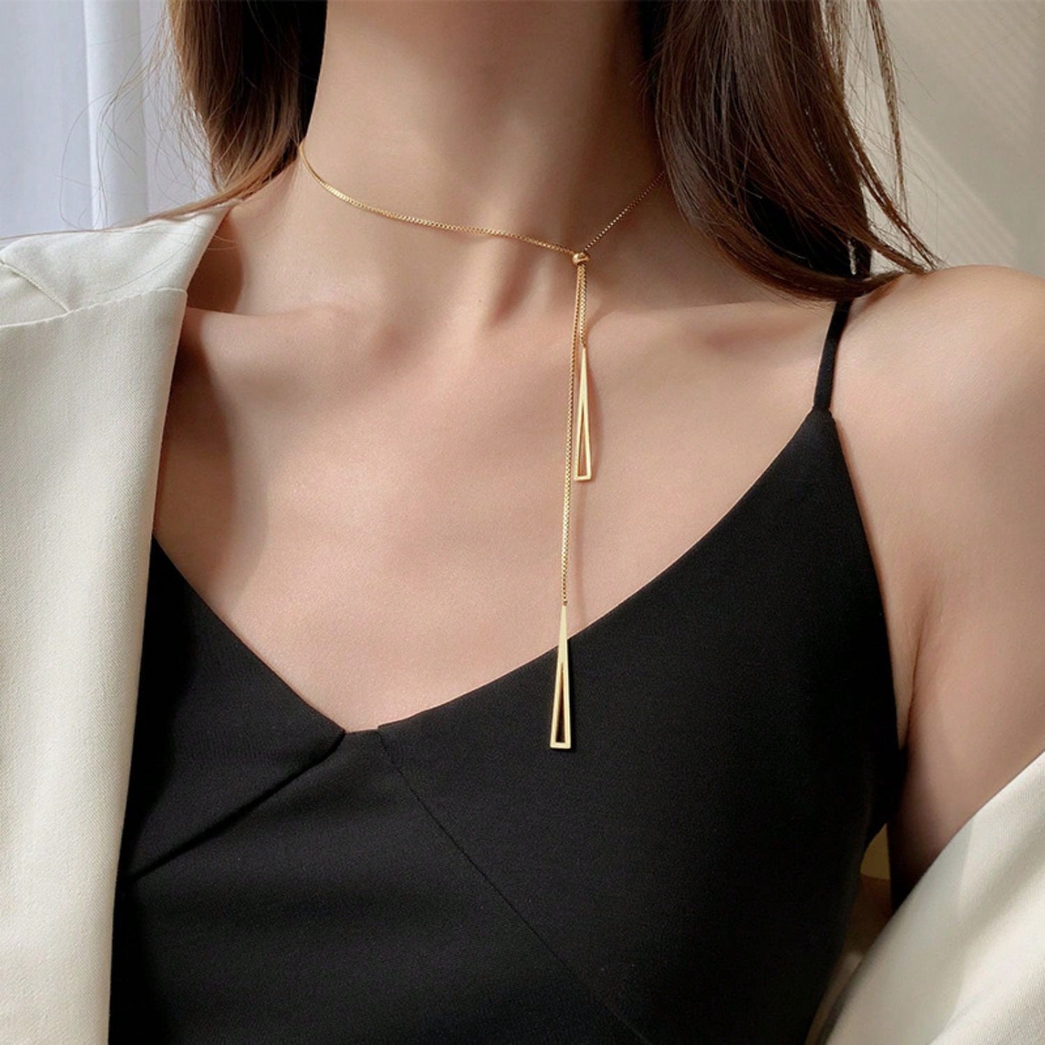 colar Coreano de alta qualidade rosa ouro triângulo tassel pull-out titânio aço hipoalergênico não-desbotamento colar acessórios ajustáveis