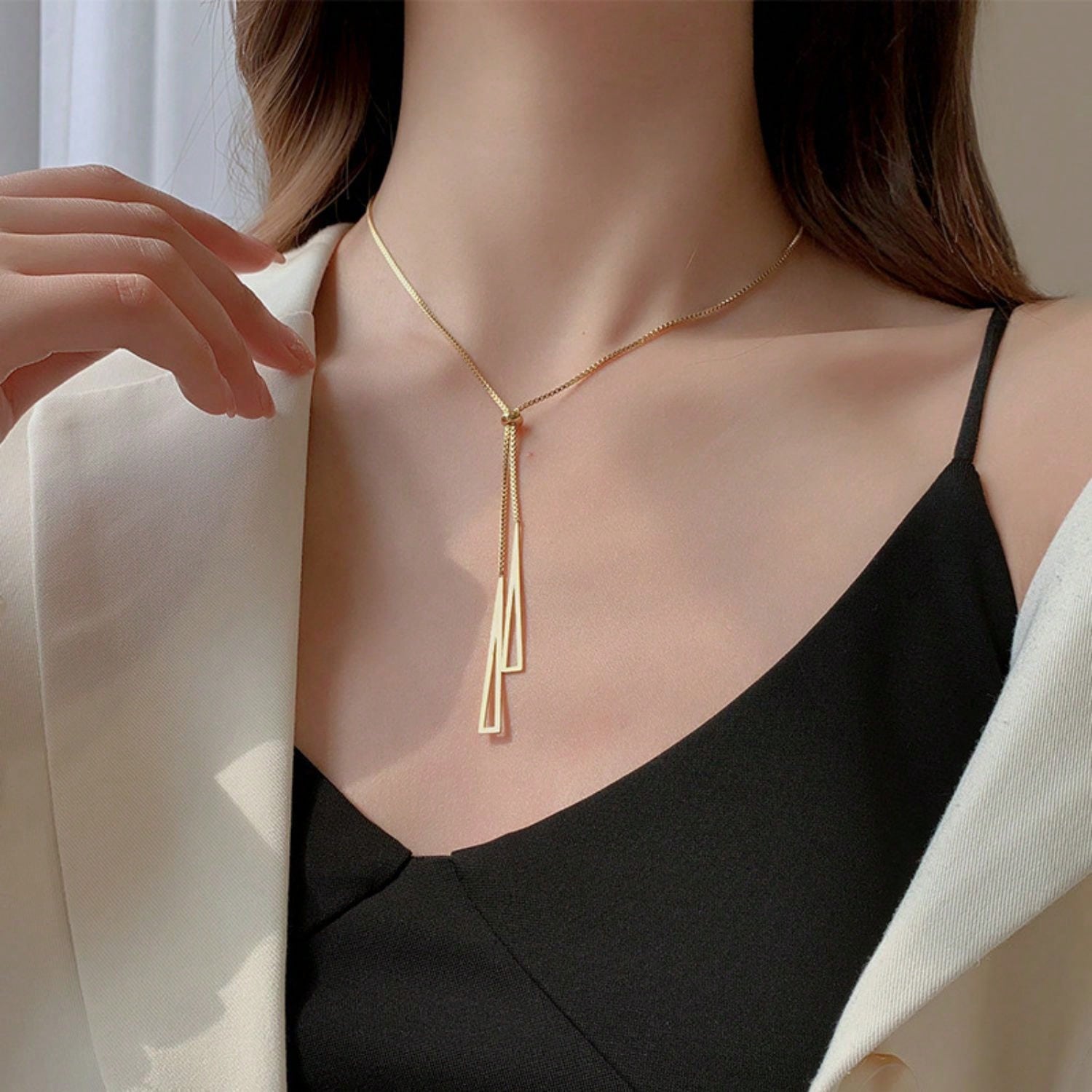 colar Coreano de alta qualidade rosa ouro triângulo tassel pull-out titânio aço hipoalergênico não-desbotamento colar acessórios ajustáveis