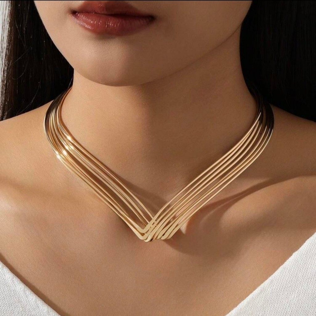 Kit Choker Aro V e Brinco Liso Moda Casual Moderno Ouro Prata