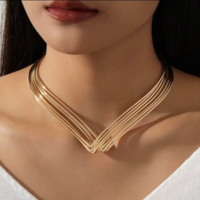 Kit Choker Aro V e Brinco Liso Moda Casual Moderno Ouro Prata