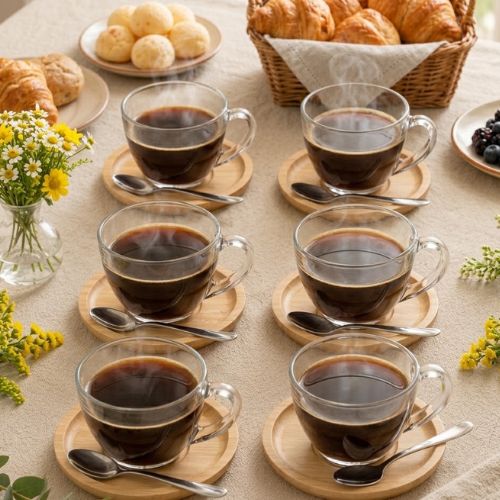 Jogo de 6 Xícaras de Chá e Café 230ml com Pires de Madeira Redondo – Linha Concept