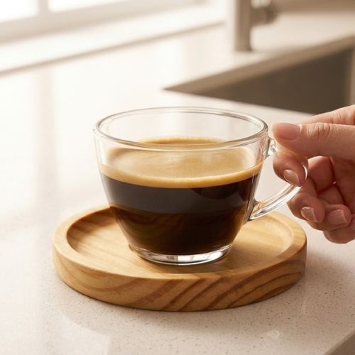 Jogo de 6 Xícaras de Chá e Café 220ml com 6 Pires de Madeira Redondo – Linha Concept
