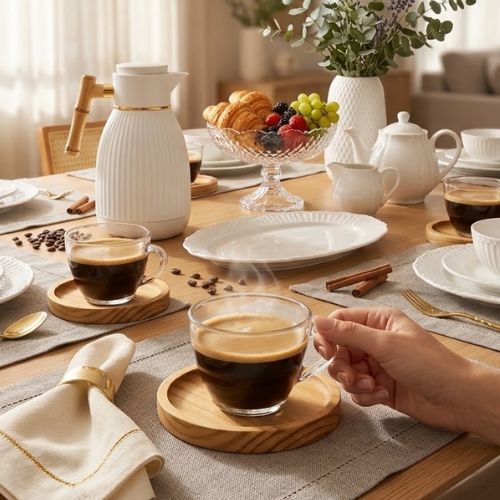 Jogo de 6 Xícaras de Chá e Café 220ml com 6 Pires de Madeira Redondo – Linha Concept