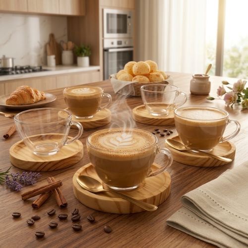 Jogo de 6 Xícaras de Chá e Café 220ml com 6 Pires de Madeira Redondo – Linha Concept