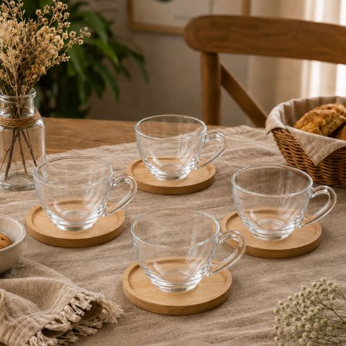 Jogo de 6 Xícaras de Chá e Café 230ml com Pires de Madeira Redondo – Linha Concept
