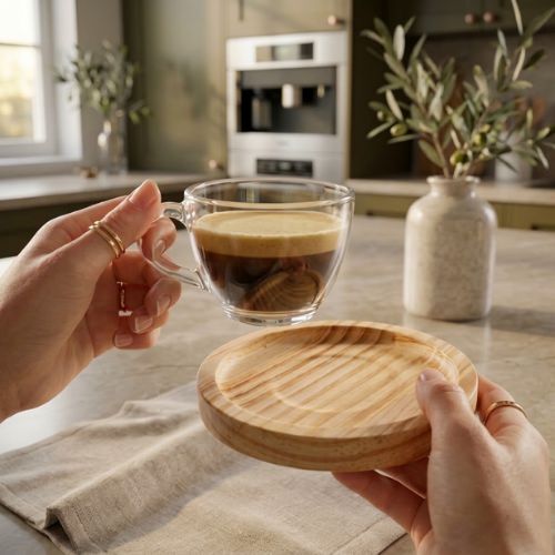 Jogo de 6 Xícaras de Chá e Café 220ml com 6 Pires de Madeira Redondo – Linha Concept