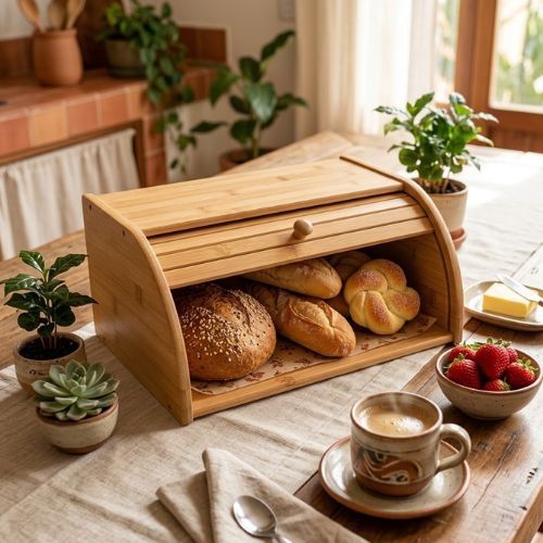 Porta Pães em Bambu com Tampa Retrátil Basculante – Linha Natural Home