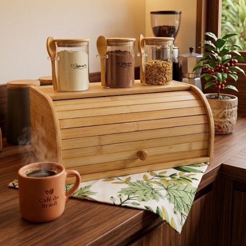 Porta Pães em Bambu com Tampa Retrátil Basculante – Linha Natural Home