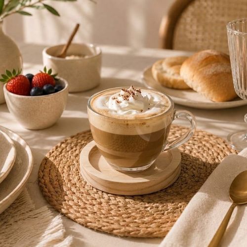Jogo de 6 Xícaras de Chá e Café 230ml com Pires de Madeira Redondo – Linha Concept