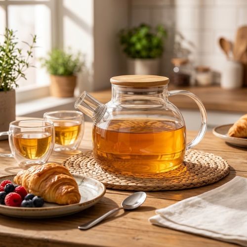 Chaleira de Vidro Borossilicato para Fogão com Filtro Inox e Tampa de Bambu 1000ml – Linha Concept