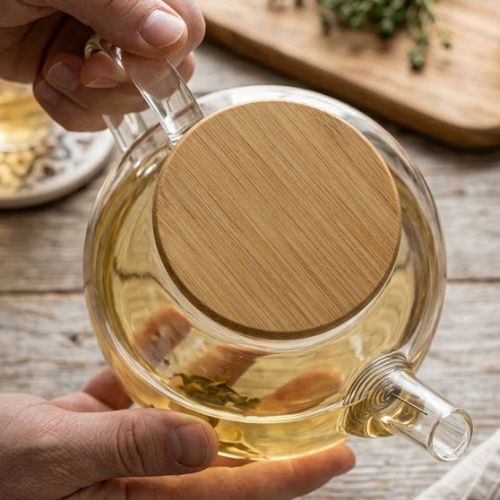Chaleira de Vidro Borossilicato para Fogão com Filtro Inox e Tampa de Bambu 1000ml – Linha Concept