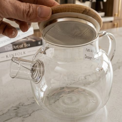 Chaleira de Vidro Borossilicato para Fogão com Filtro Inox e Tampa de Bambu 1000ml – Linha Concept