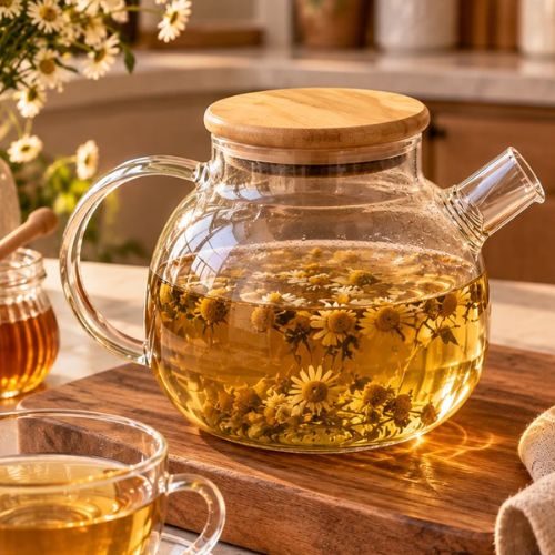 Chaleira de Vidro Borossilicato para Fogão com Filtro Inox e Tampa de Bambu 1000ml – Linha Concept