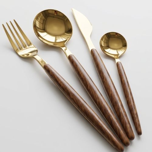 Kit 24 Peças de Talheres em Aço Inoxidável Dourado com Cabo  Madeira – Linha Concept