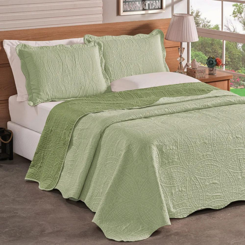 Kit Colcha Cobre Leito Casal Dupla Face 3 Peças Estampada Porta Travesseiro 100% Poliéster