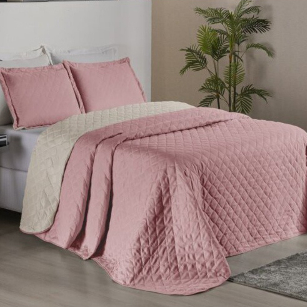 Kit Colcha Cobre Leito Casal Dupla Face 3 Peças Estampada Porta Travesseiro 100% Poliéster