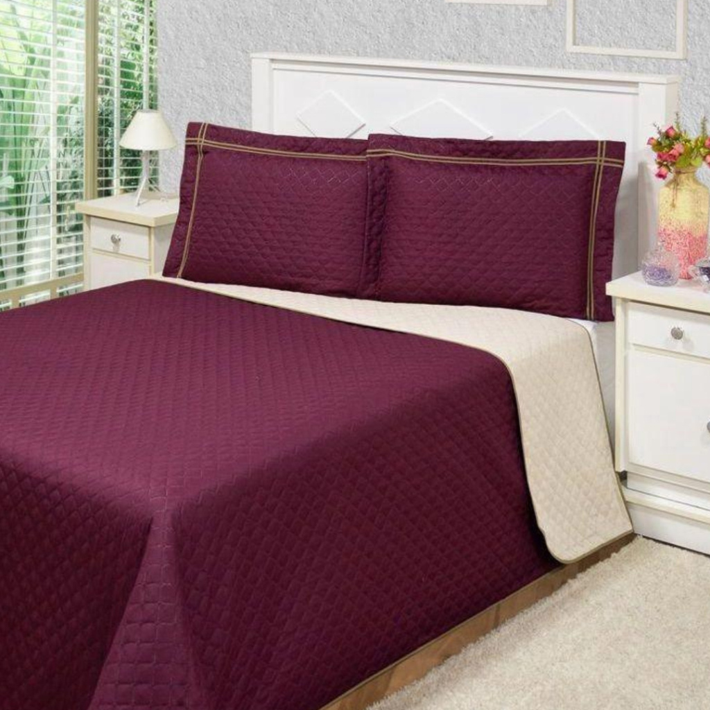 Kit Colcha Cobre Leito Casal Dupla Face 3 Peças Estampada Porta Travesseiro 100% Poliéster