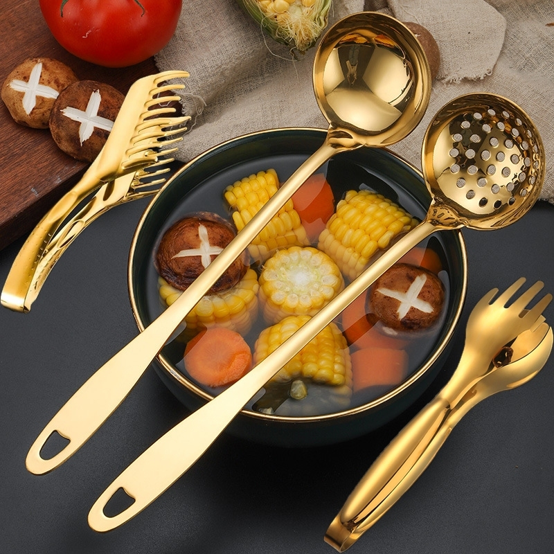 Talheres Kit 4 De Aço Inox Servindo Utensílios Pinça para pão pinça para bife colher de sopa escorredor Dourado Conjunto