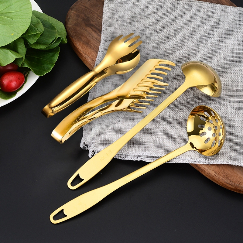 Talheres Kit 4 De Aço Inox Servindo Utensílios Pinça para pão pinça para bife colher de sopa escorredor Dourado Conjunto
