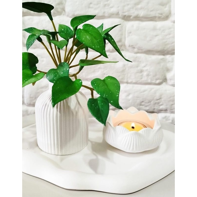 Kit 3 peças decoração Vaso flor + castiçal flor lótus + bandeja decorativa porta jóias casa escritório casa sala