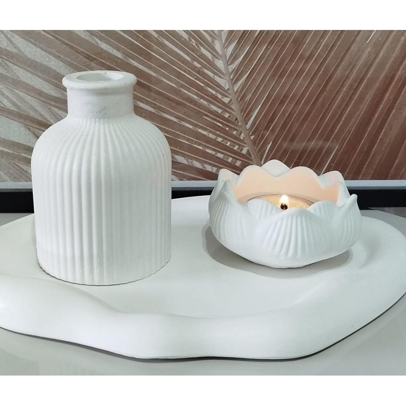 Kit 3 peças decoração Vaso flor + castiçal flor lótus + bandeja decorativa porta jóias casa escritório casa sala