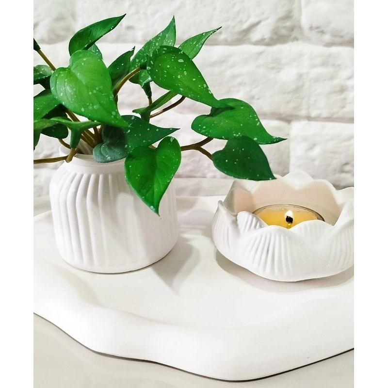 Kit 3 peças decoração Vaso flor + castiçal flor lótus + bandeja decorativa porta jóias casa escritório casa sala