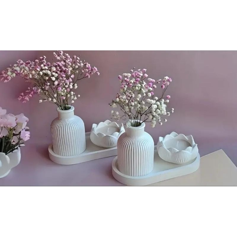 Kit 3 peças decoração Vaso flor + castiçal flor lótus + bandeja decorativa porta jóias casa escritório casa sala