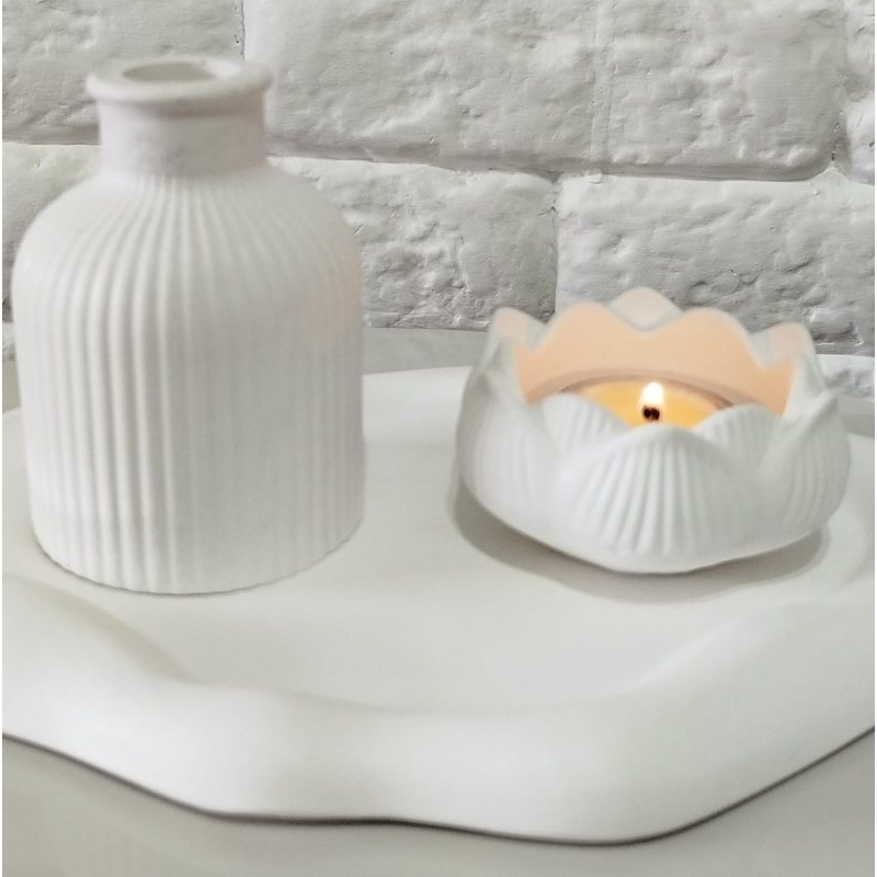 Kit 3 peças decoração Vaso flor + castiçal flor lótus + bandeja decorativa porta jóias casa escritório casa sala