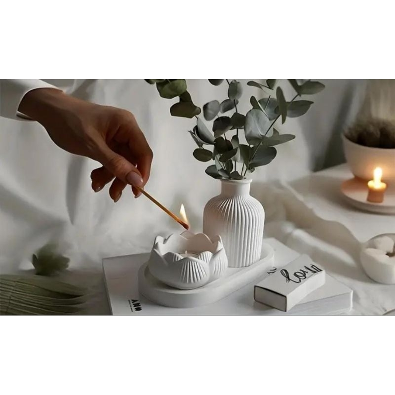 Kit 3 peças decoração Vaso flor + castiçal flor lótus + bandeja decorativa porta jóias casa escritório casa sala