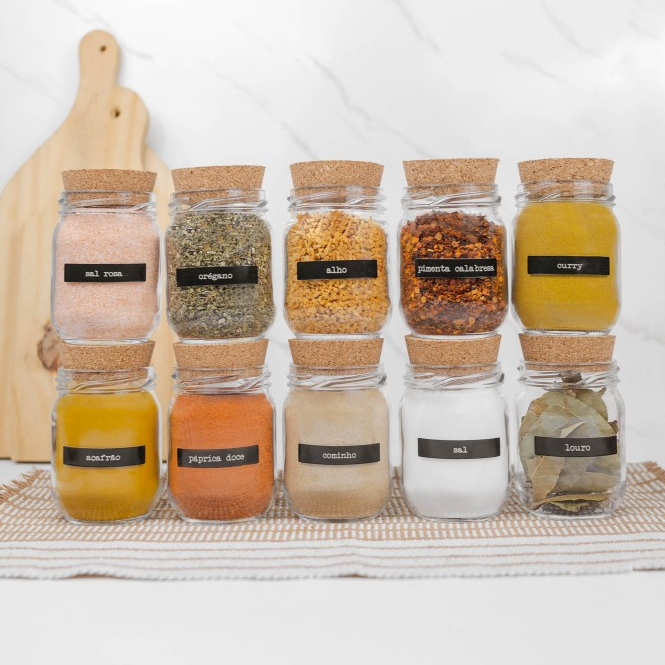 Kit 10 Potes de Tempero Vidro 200ml + Cartela de Temperos com 28 Adesivos Opcional | ESCOLHA SEU KIT