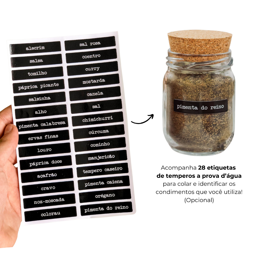 Kit 10 Potes de Tempero Vidro 200ml + Cartela de Temperos com 28 Adesivos Opcional | ESCOLHA SEU KIT