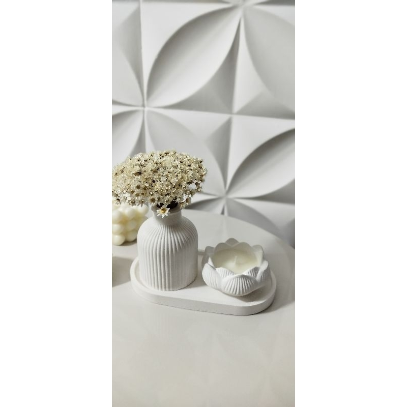 Kit 3 peças decoração Vaso flor + castiçal flor lótus + bandeja decorativa porta jóias casa escritório casa sala