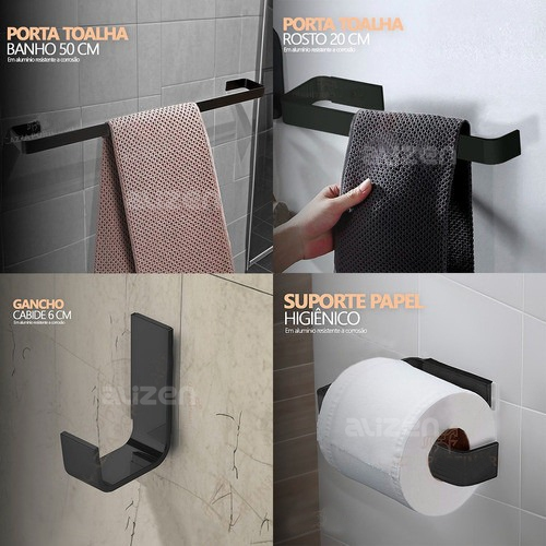 Kit de Acessórios para Banheiro Quadrado Preto Fosco Luxo 4 Peças