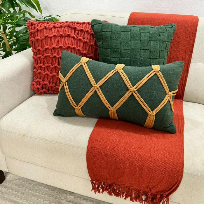 Kit Almofada Corda Terracota Verde Musgo Caramelo Macrame Artesanal Estilo Boho Natal Natalina