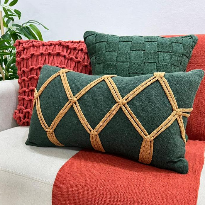 Kit Almofada Corda Terracota Verde Musgo Caramelo Macrame Artesanal Estilo Boho Natal Natalina