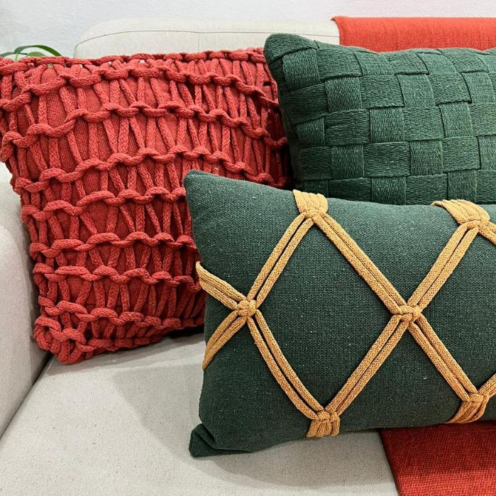 Kit Almofada Corda Terracota Verde Musgo Caramelo Macrame Artesanal Estilo Boho Natal Natalina