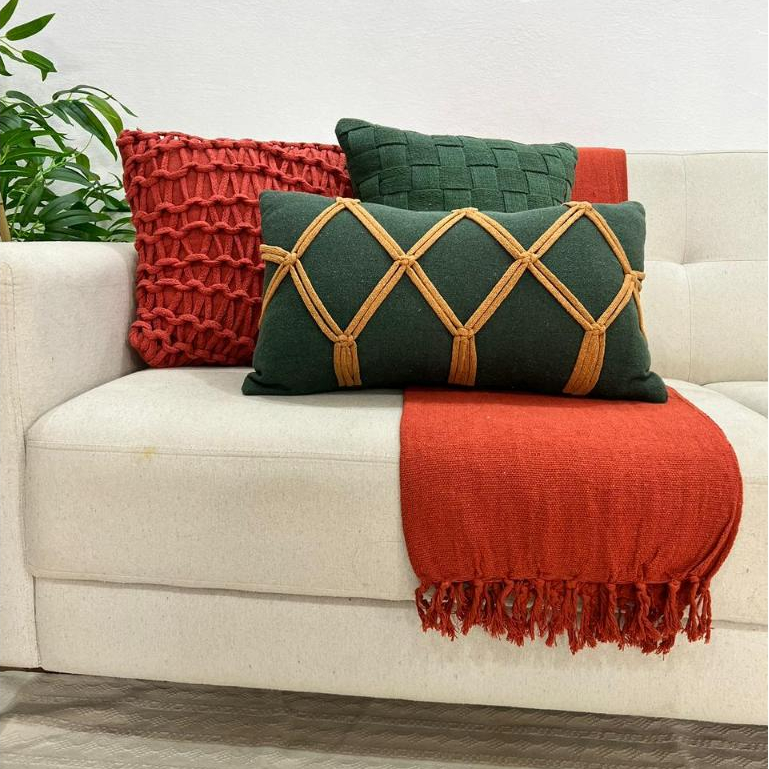 Kit Almofada Corda Terracota Verde Musgo Caramelo Macrame Artesanal Estilo Boho Natal Natalina