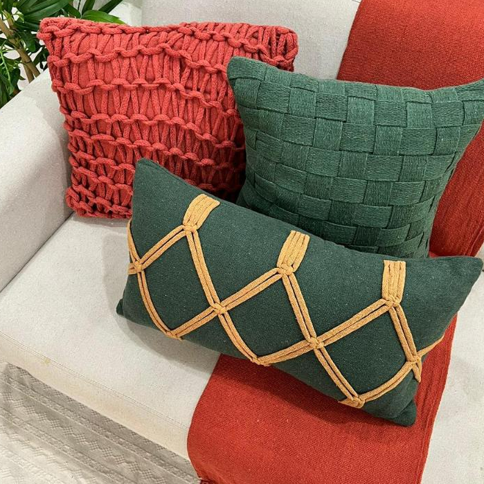 Kit Almofada Corda Terracota Verde Musgo Caramelo Macrame Artesanal Estilo Boho Natal Natalina