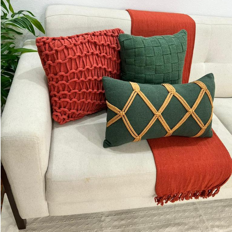 Kit Almofada Corda Terracota Verde Musgo Caramelo Macrame Artesanal Estilo Boho Natal Natalina