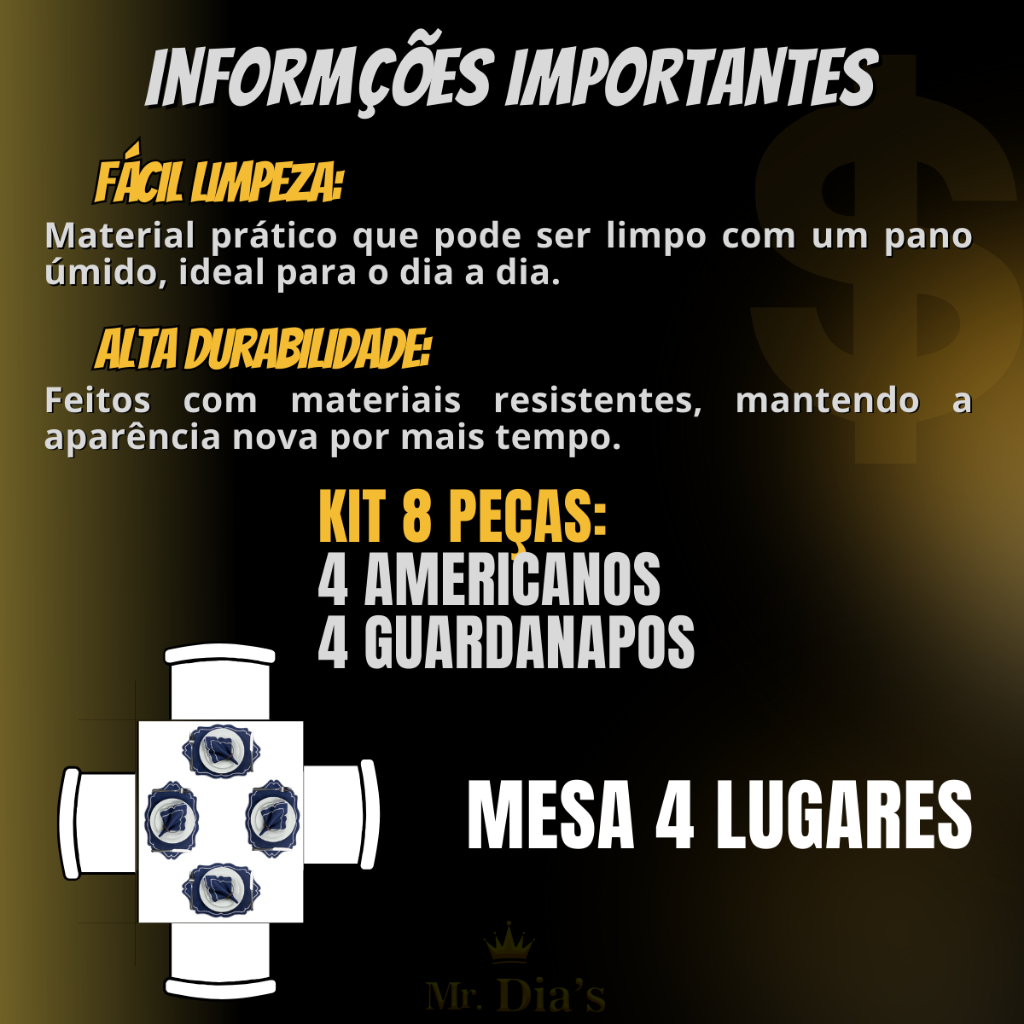 Kit Jogo Americano 8 Pçs Souplats Mesa De 4 Lugares Mesa Posta Guardanapo Supla Sousplat