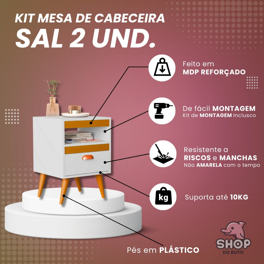 Kit 2 Mesa De Cabeceira Para Quarto Com Pés e Gaveta Com Nicho Criado Com 2 Unidades Mesinha Canto