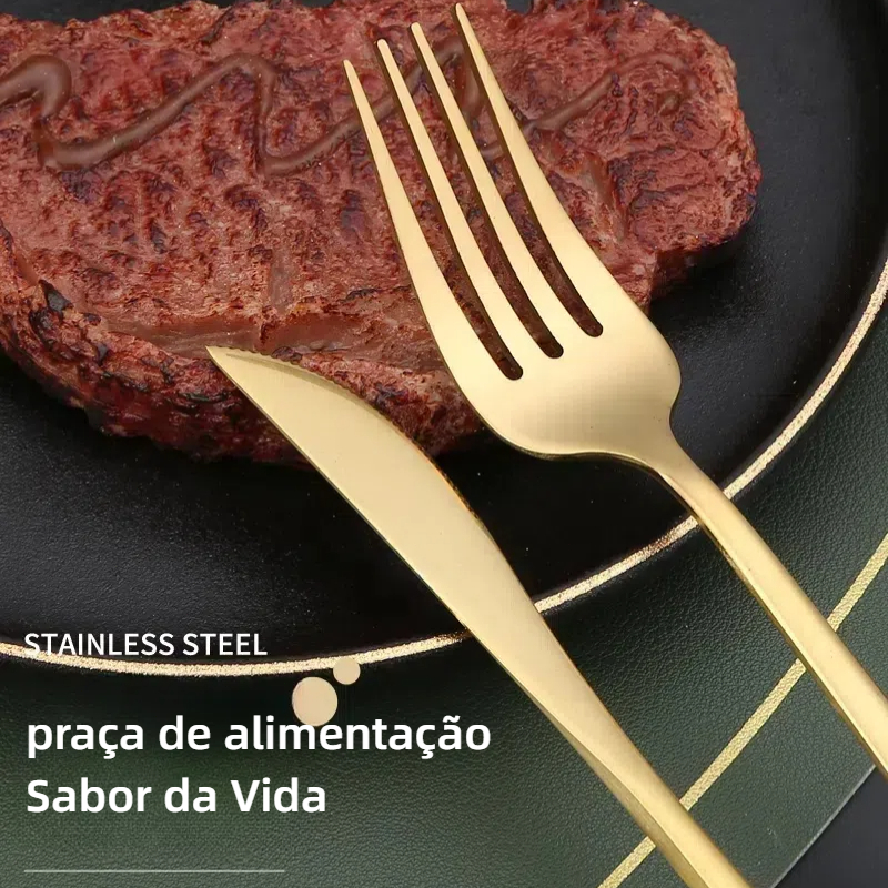 24 Peças Talheres Dourado de Aço Inox Garfo Colher Faca Colher De Mesa