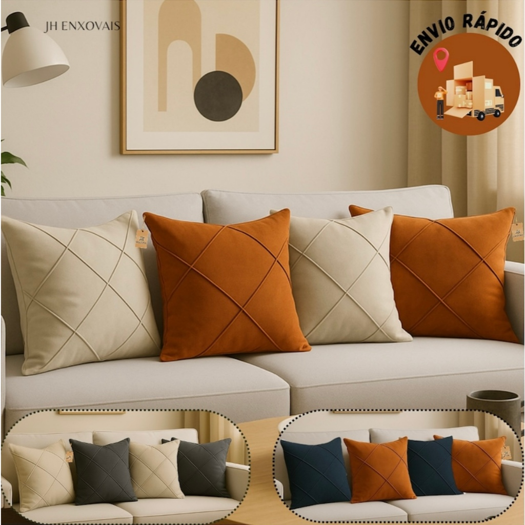 Kit 04 Almofadas Cheias em Suede Drapeada 45x45cm Decorativas Sala Quarto Sofá