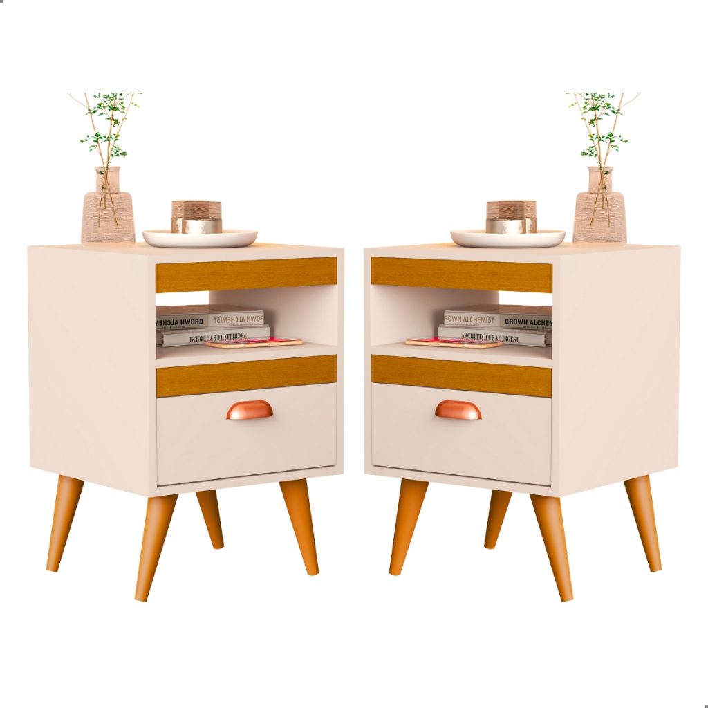 Kit 2 Mesa De Cabeceira Para Quarto Com Pés e Gaveta Com Nicho Criado Com 2 Unidades Mesinha Canto