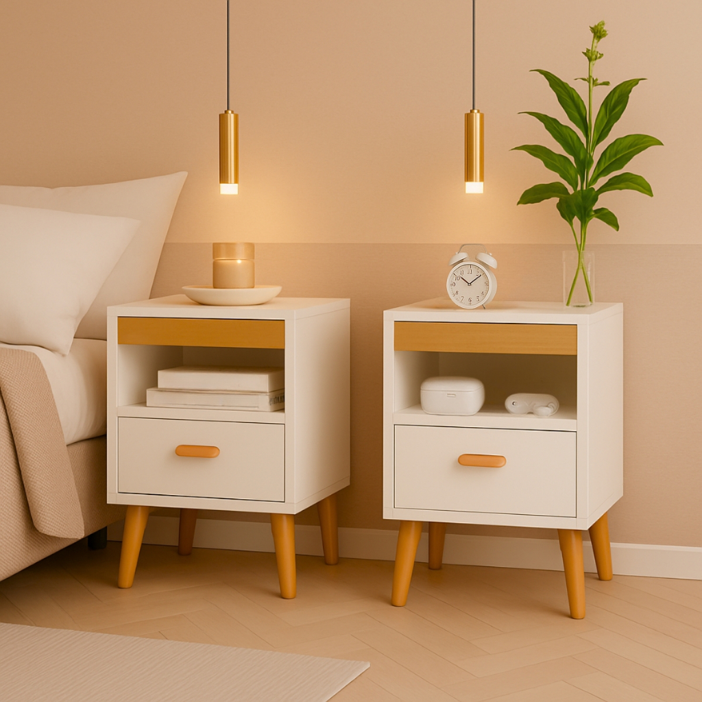 Kit 2 Mesa De Cabeceira Para Quarto Com Pés e Gaveta Com Nicho Criado Com 2 Unidades Mesinha Canto