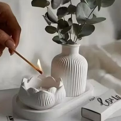 Kit 3 peças decoração Vaso flor + castiçal flor lótus + bandeja decorativa porta jóias casa escritório casa sala