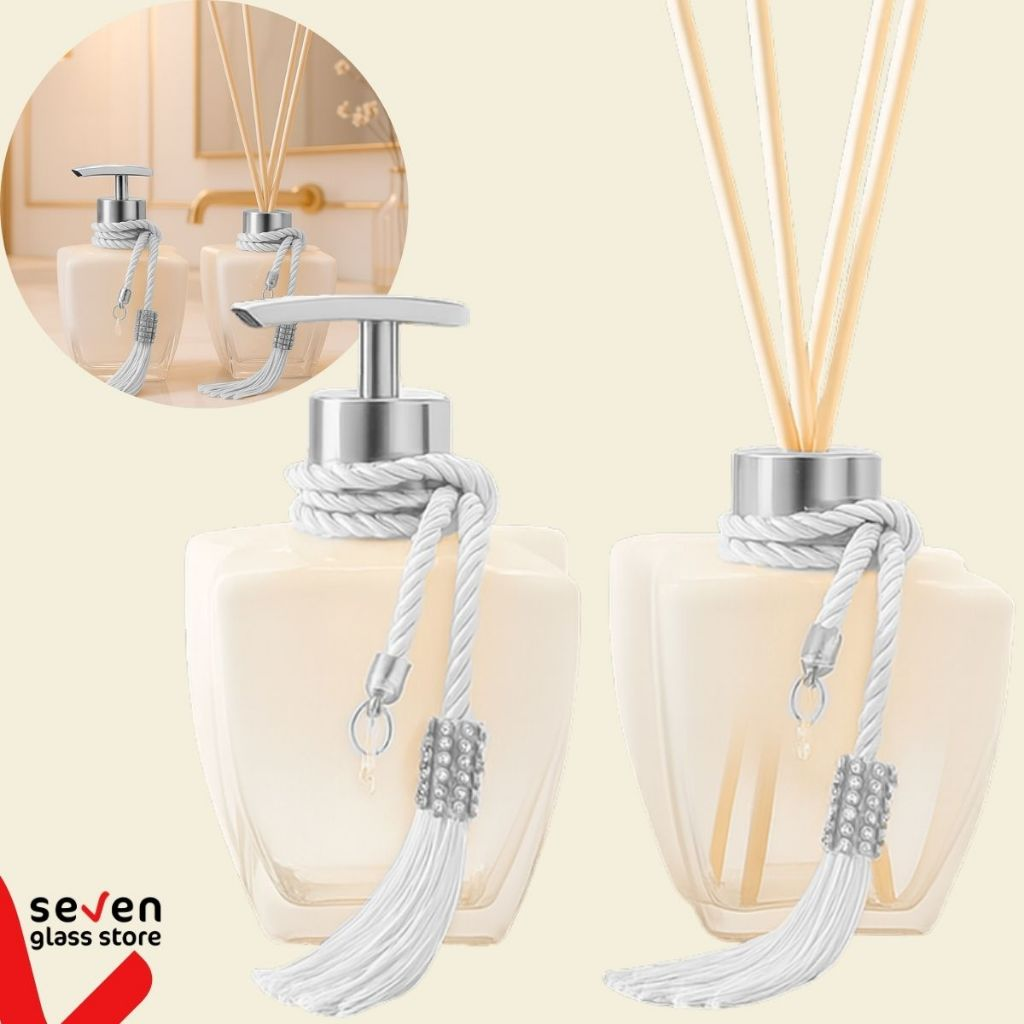 Kit Vidros Banheiro Luxo Degradê Branco Completo com Porta Sabonete Líquido e Difusor de Ambiente Elegante