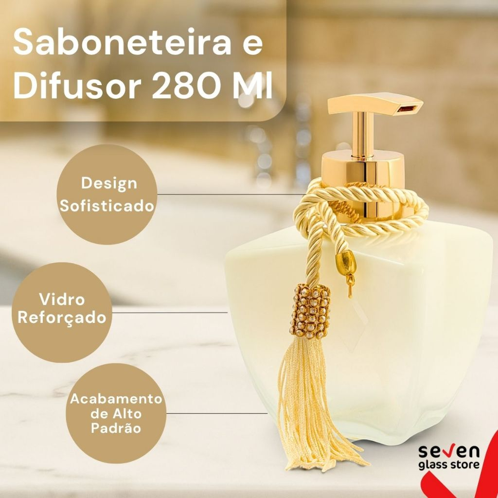 Kit Vidros Banheiro Luxo Degradê Branco Completo com Porta Sabonete Líquido e Difusor de Ambiente Elegante