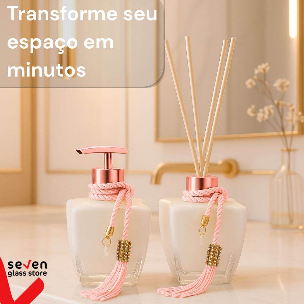 Kit Vidros Banheiro Luxo Degradê Branco Completo com Porta Sabonete Líquido e Difusor de Ambiente Elegante