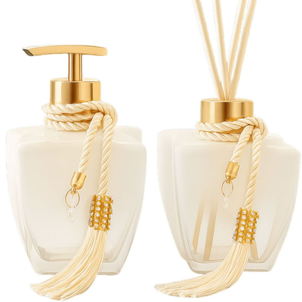 Kit Vidros Banheiro Luxo Degradê Branco Completo com Porta Sabonete Líquido e Difusor de Ambiente Elegante